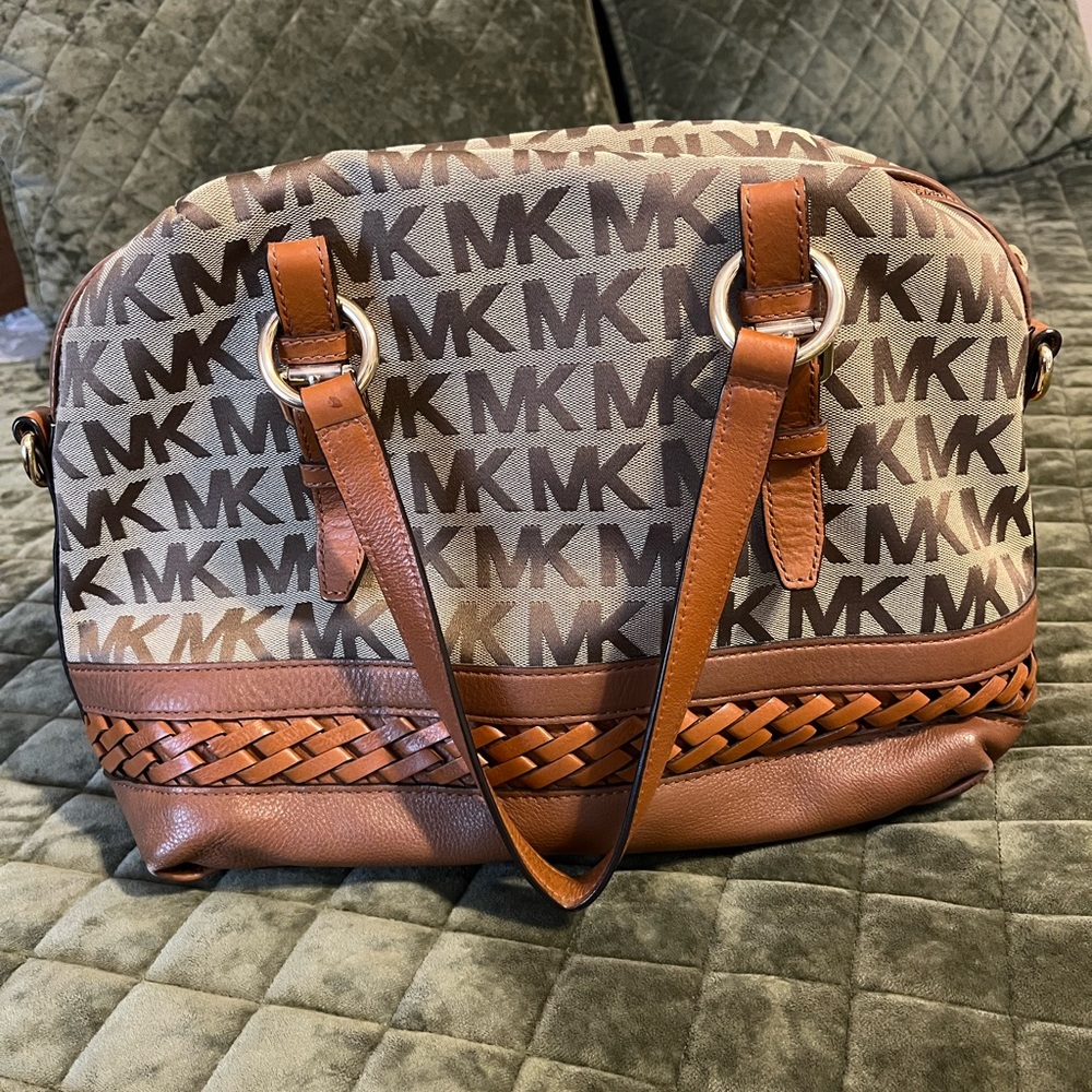 Michael Kors Gladstone Brown MK Logo Large Braided Satchel Crossbody